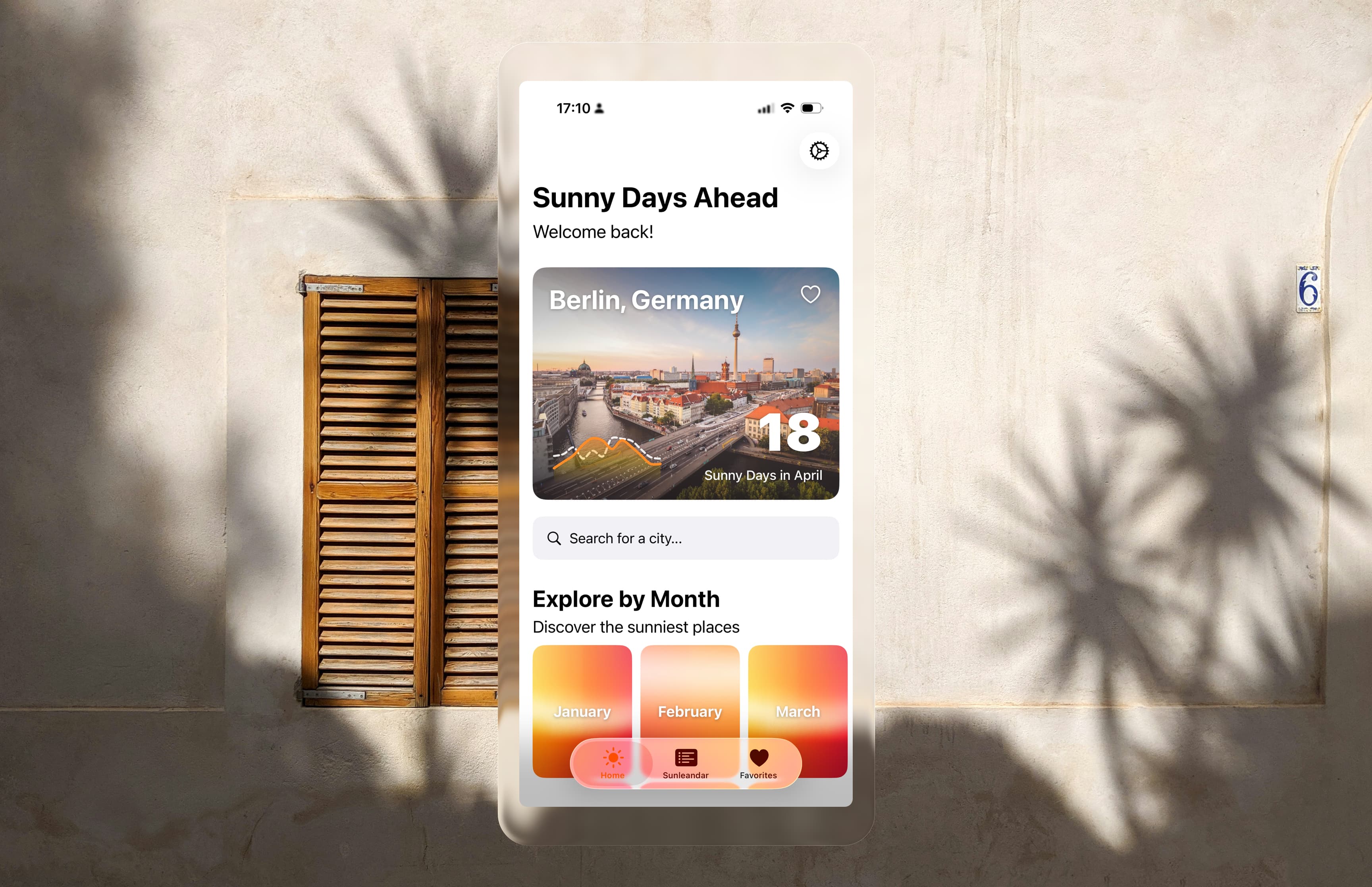 The Sunny Days Ahead home screen showing sunny days for Berlin and the Explore by Month section